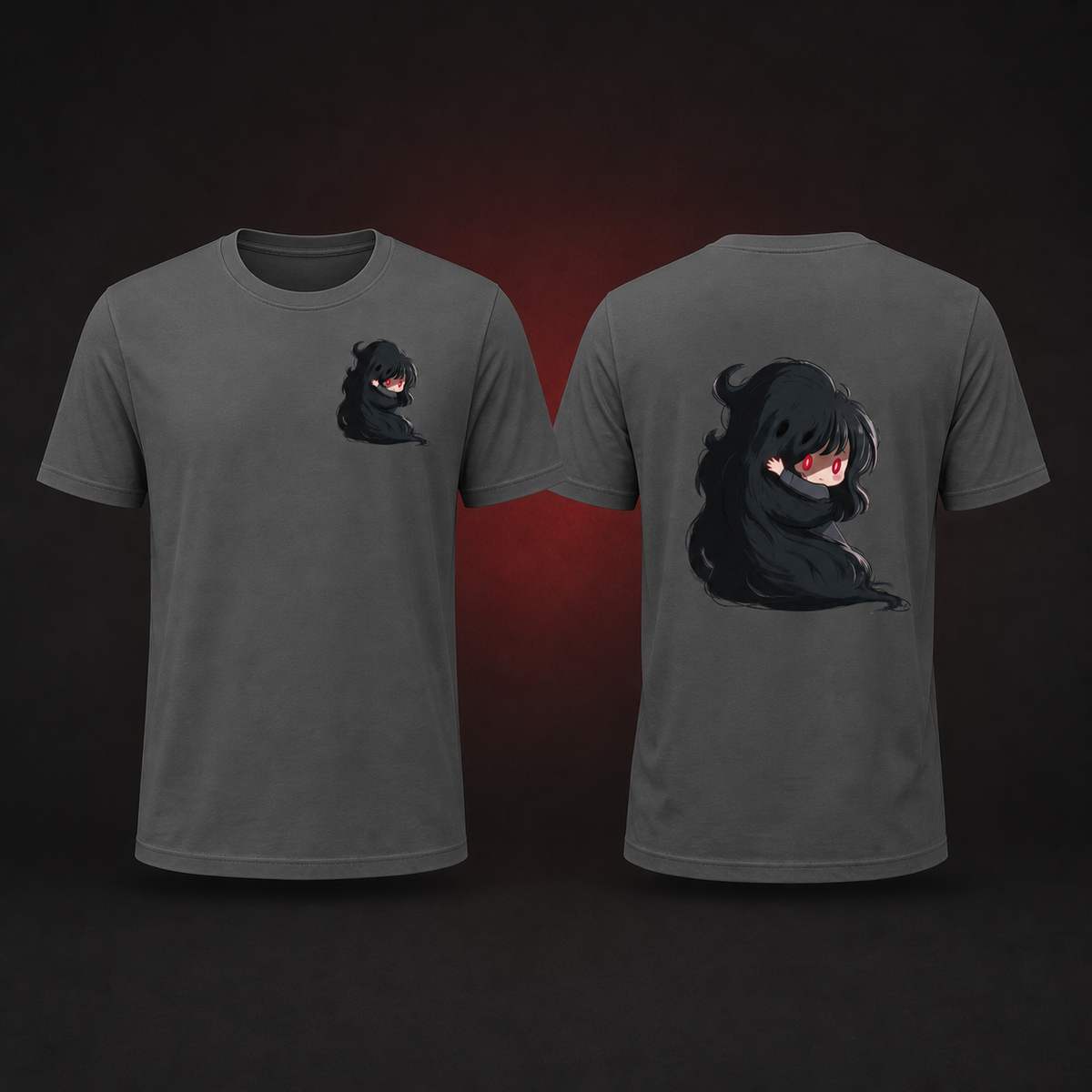 Clingy Demon Tee — asphalt — Front and back