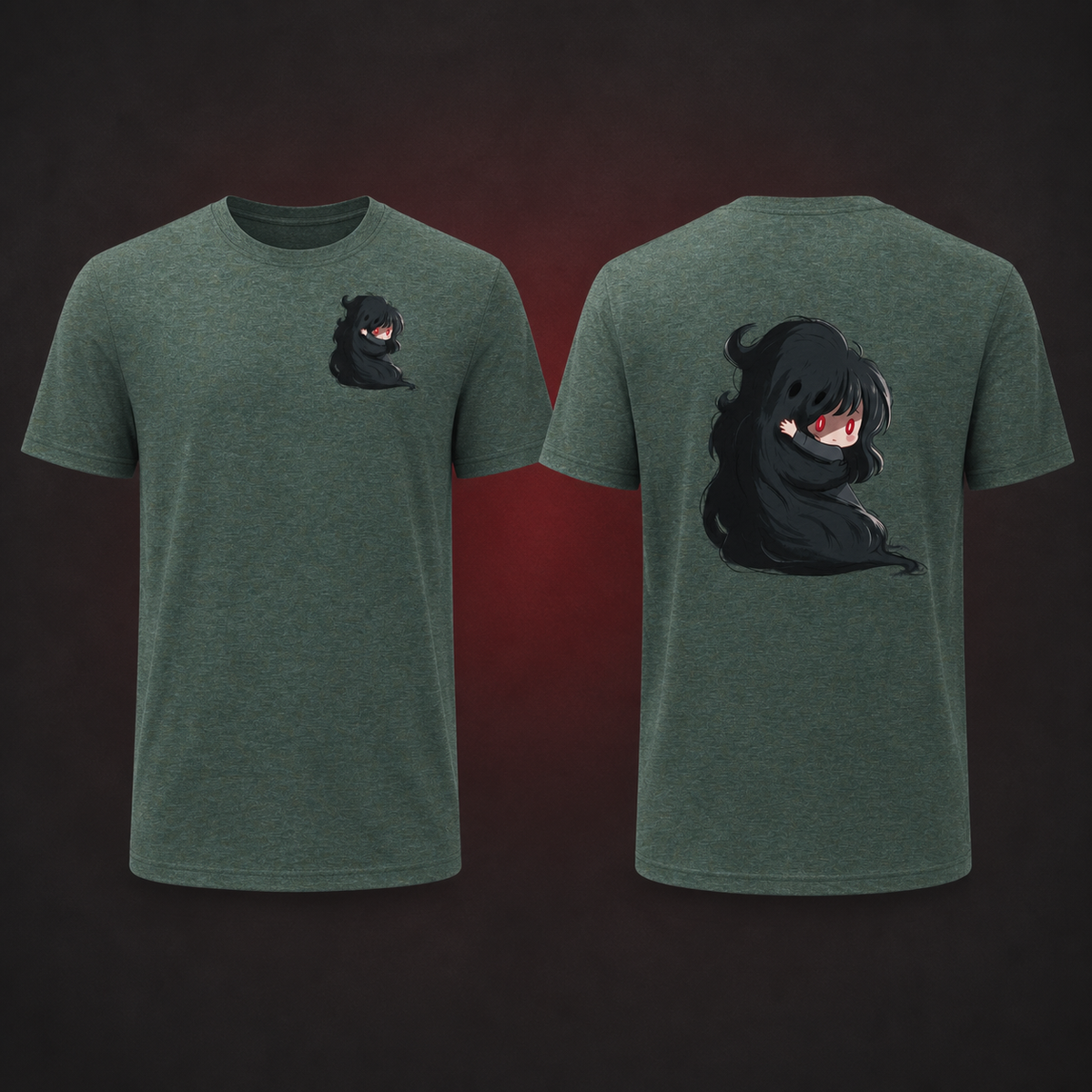 Clingy Demon Tee — heather forest — Front and back