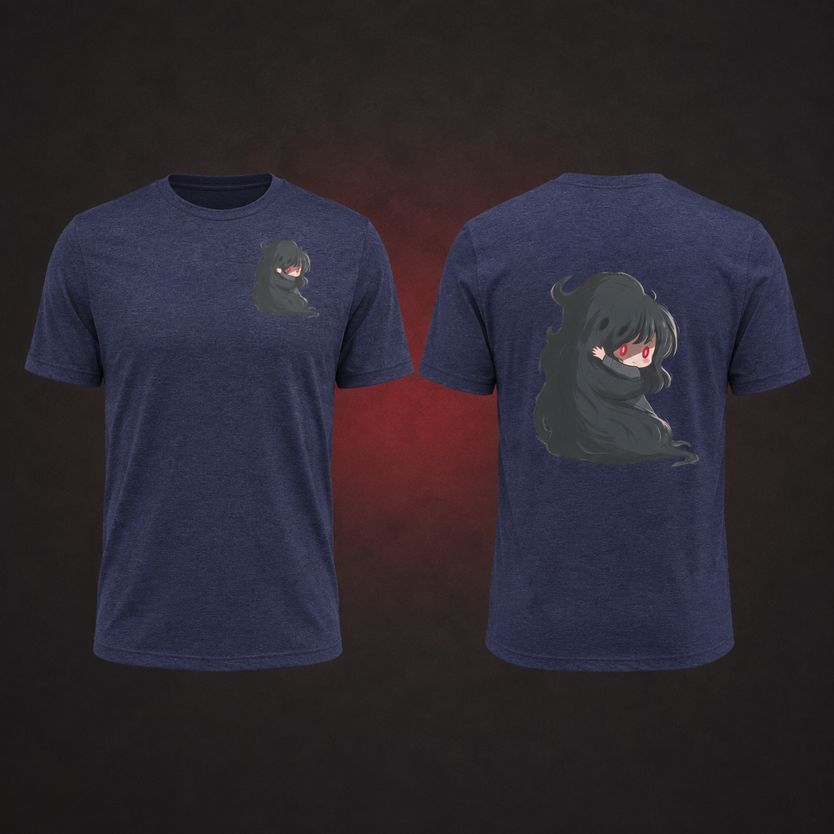 Clingy Demon Tee — heather midnight navy — Front and back