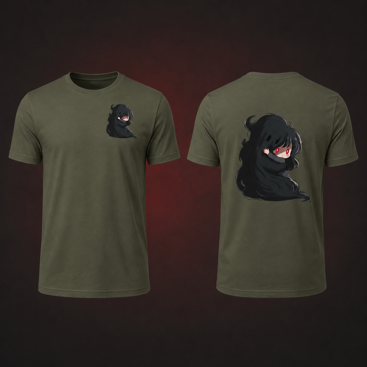 Clingy Demon Tee — military green — Front and back