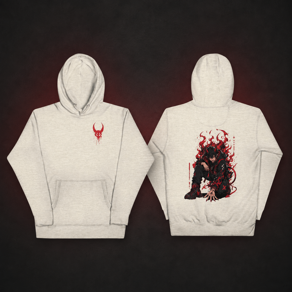 Hellfire Demon Hoodie — oatmeal heather — Front and back