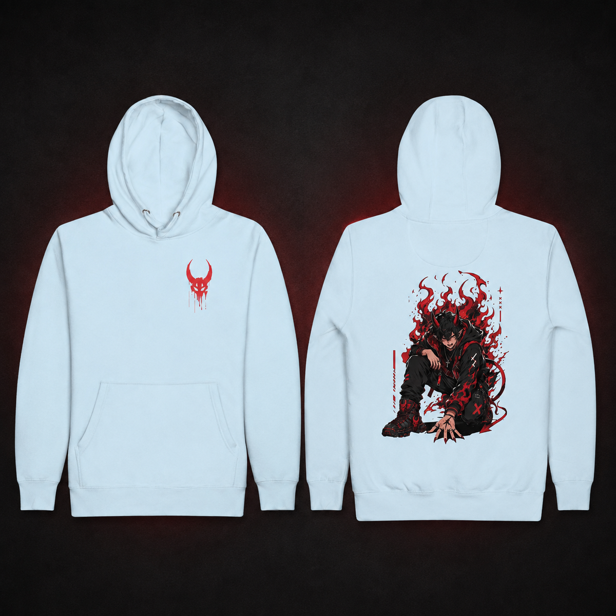 Hellfire Demon Hoodie — sky blue — Front and back