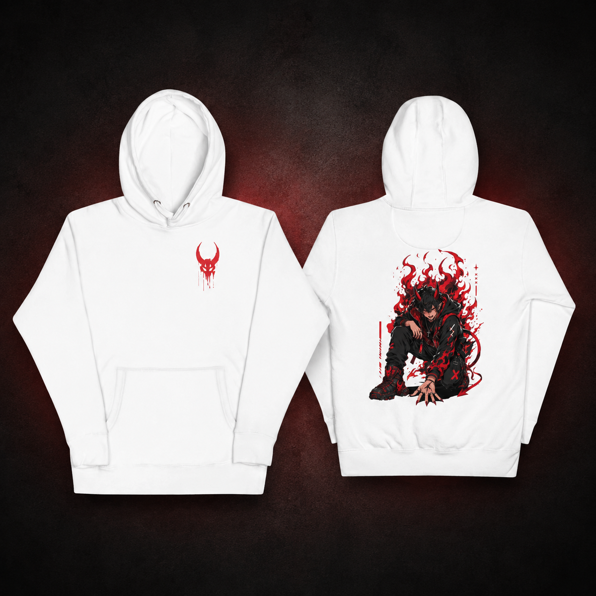 Hellfire Demon Hoodie — white — Front and back