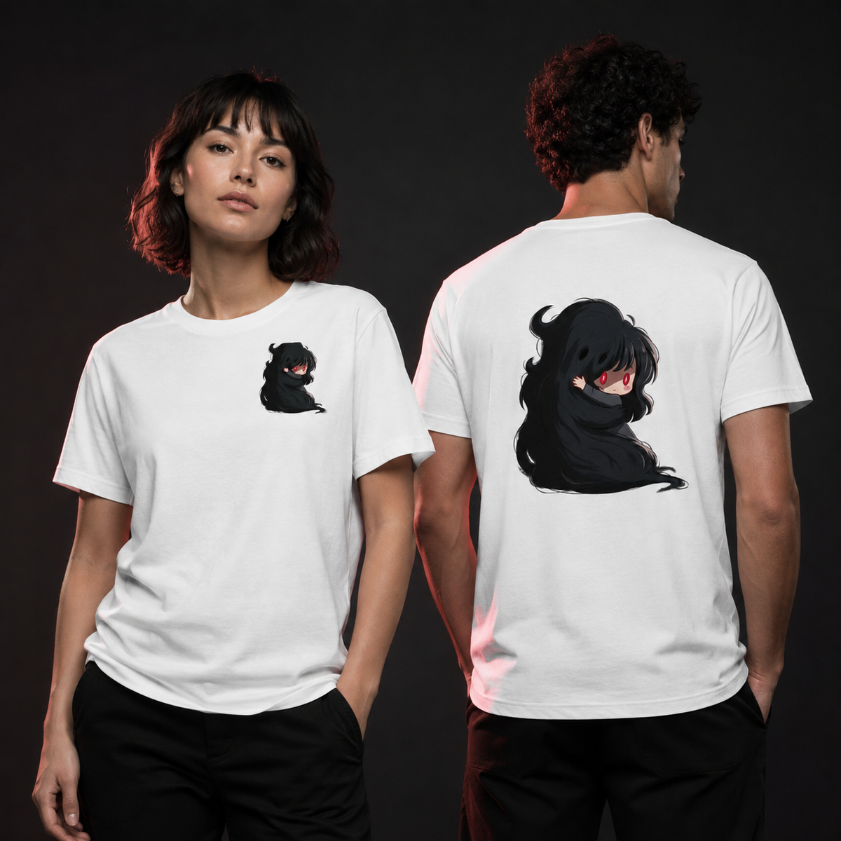 White Clingy Demon Tee — front and back on models