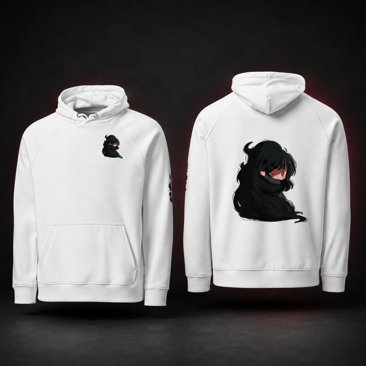 White Emotional Support Demon Hoodie — front and back studio views