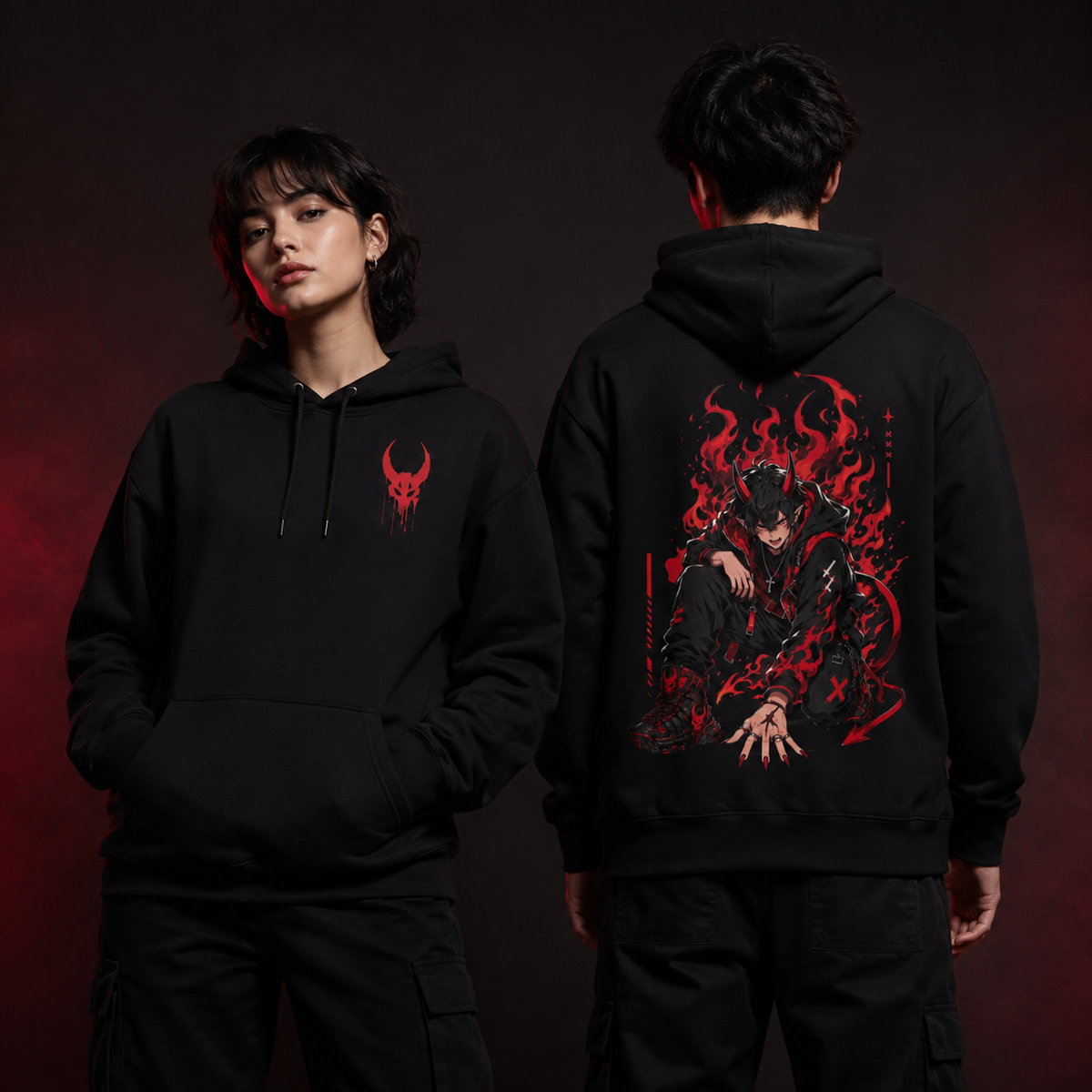 Black Hellfire Demon Hoodie — front and back on models