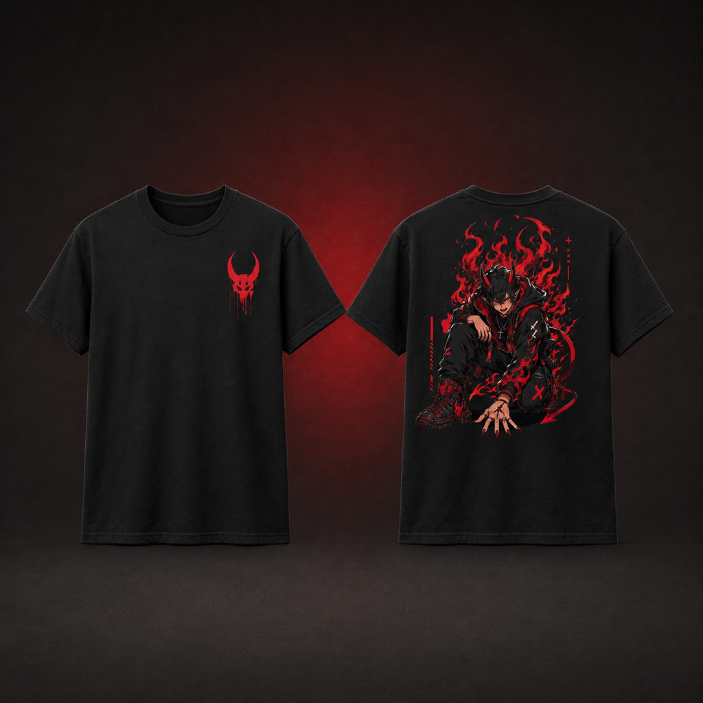 Black Hellfire Demon Tee — complete front and back studio views