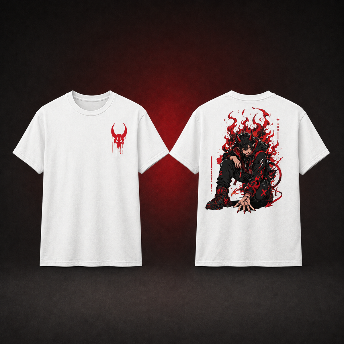White Hellfire Demon Tee — complete front and back studio views